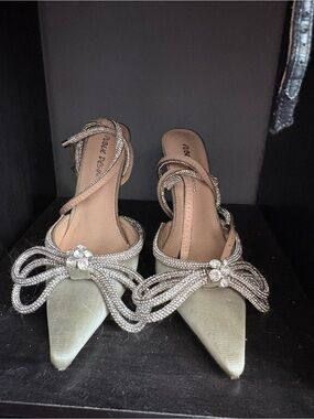 Embellished Satin Pointed-Toe Slingback Heels in Sage